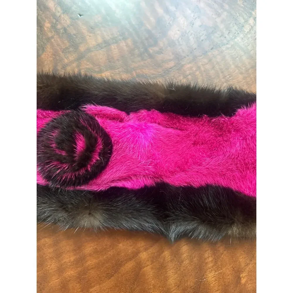 Vintage Y2K Real Mink Fur Scarf Colorblock Hot Pink Brown Rosette Pull Through